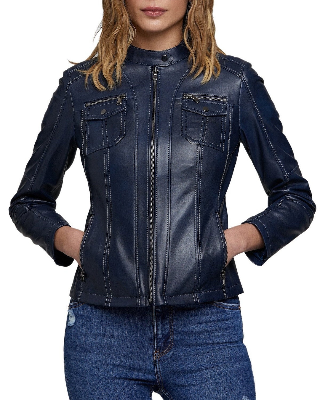 Noorani Women NAVY BLUE LEATHER Jacket Women Leather Jacket Navy Blue