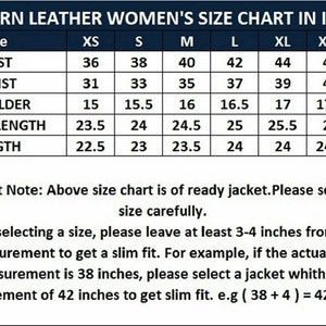 May include: A size chart for women's leather jackets in inches. The chart shows the measurements for bust, waist, shoulder, sleeve length, and length in inches for sizes XS to XXXL.
