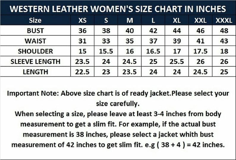 May include: A size chart for women's leather jackets in inches. The chart shows the measurements for bust, waist, shoulder, sleeve length, and length in inches for sizes XS to XXXL.