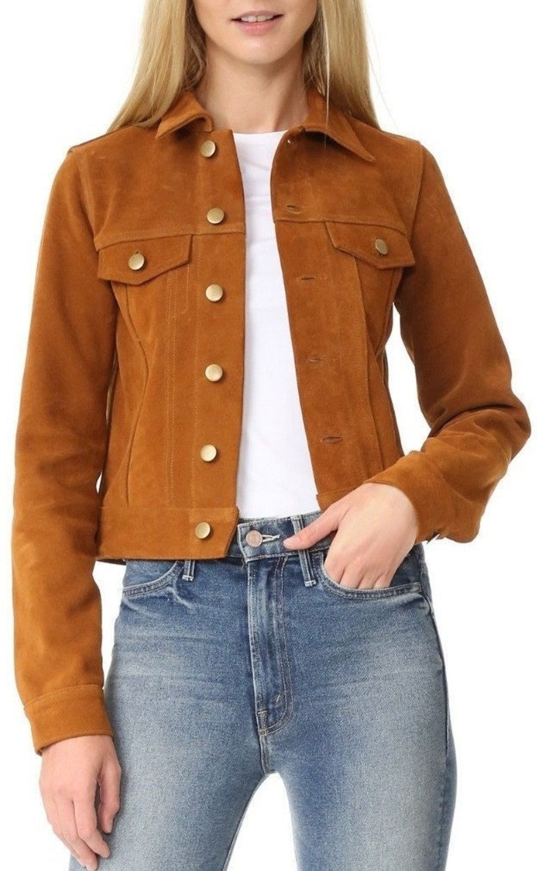 Noorani Womens Golden TAN Suede Jacket DENIM Style Real Suede Jacket