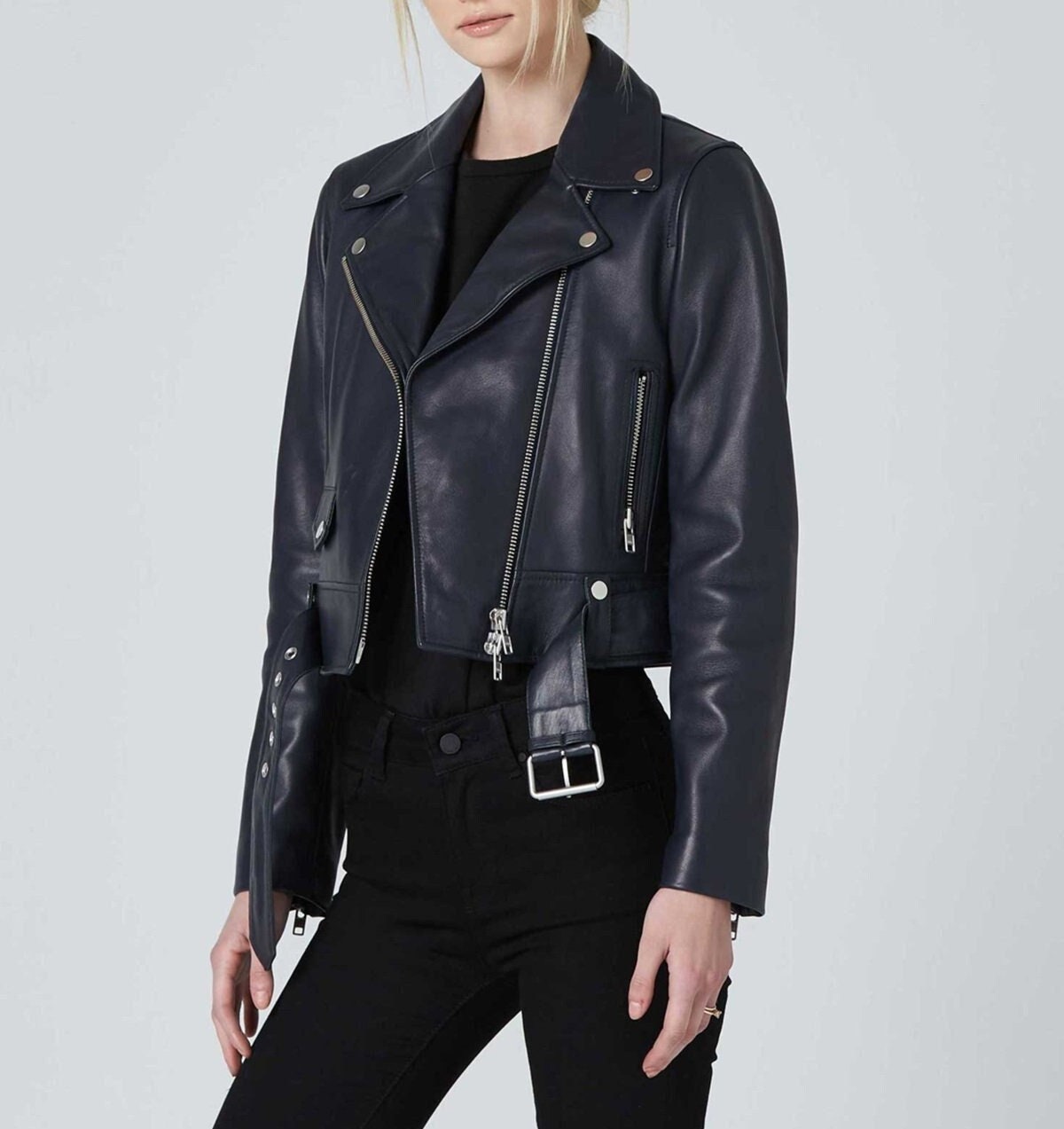 Skin Fashion Pure Genuine Leather Navy Blue Jacket for Women'