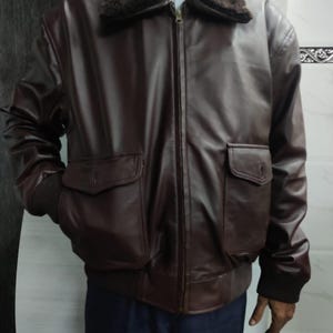 Noorani Mens BOMBER Navy G1 Flight BROWN Genuine AVIATOR Sheep Leather Jacket | Handmade Shearling Fur Real Leather Jacket | Ribbed Jacket image 7