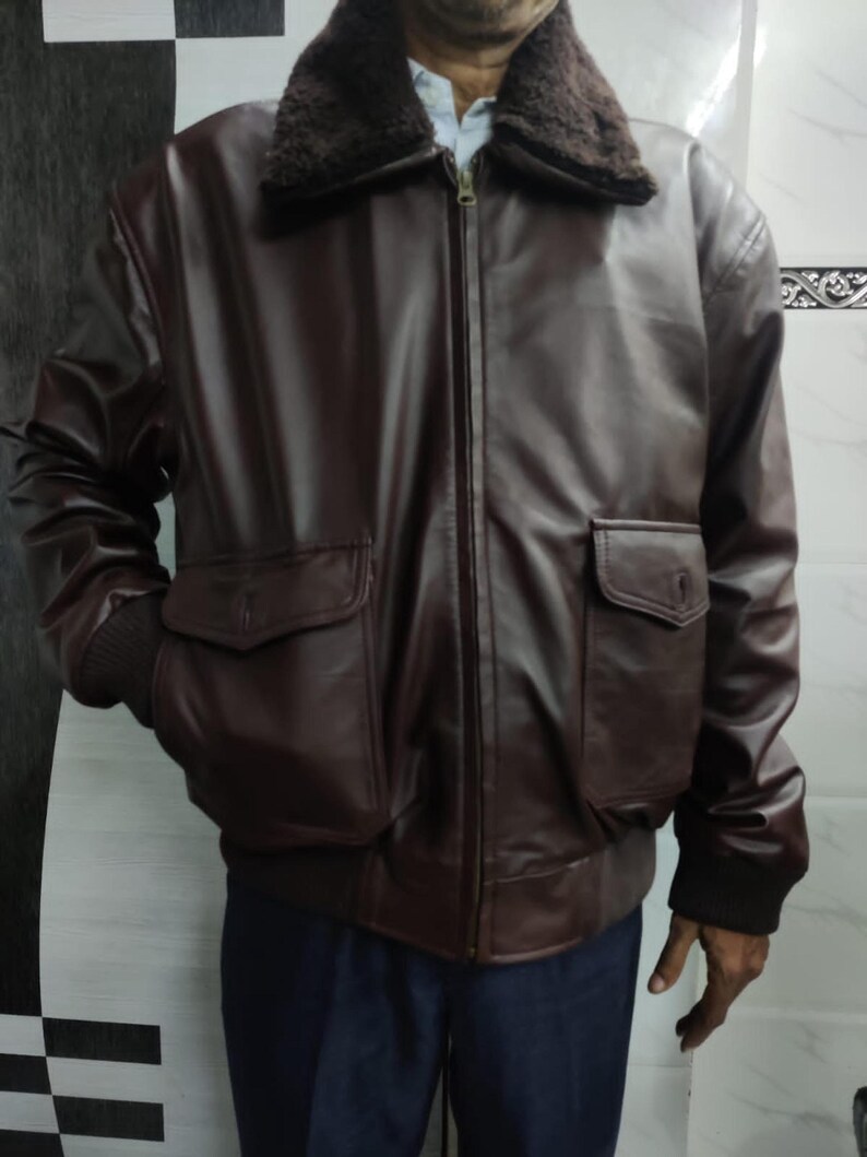Noorani Mens BOMBER Navy G1 Flight BROWN Genuine AVIATOR Sheep Leather Jacket | Handmade Shearling Fur Real Leather Jacket | Ribbed Jacket image 7