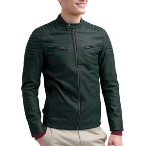 Noorani Mens Dark Green Leather Jacket | Biker Motorcycle Party Jacket | Quilted Designer BRADLEY Leather Jacket Inspired - GREEN