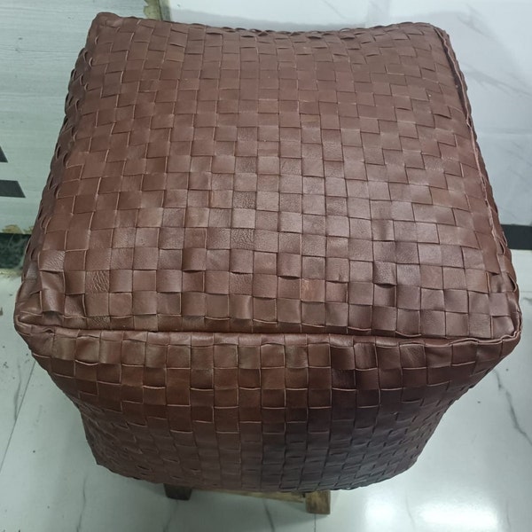 Handmade & Hand-Stitched Moroccan Square Pouf, Real Leather Ottoman, Square Woven Leather Moroccan Pouffe, Footrest Pouffe Natural Brown