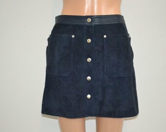 LEATHER-TRIMMED Suede Mini Skirt, Dark Blue Short MINI Skirt, A-line Silhouette Skirt, Suede Leather Skirts, Button front Pockets Skirt