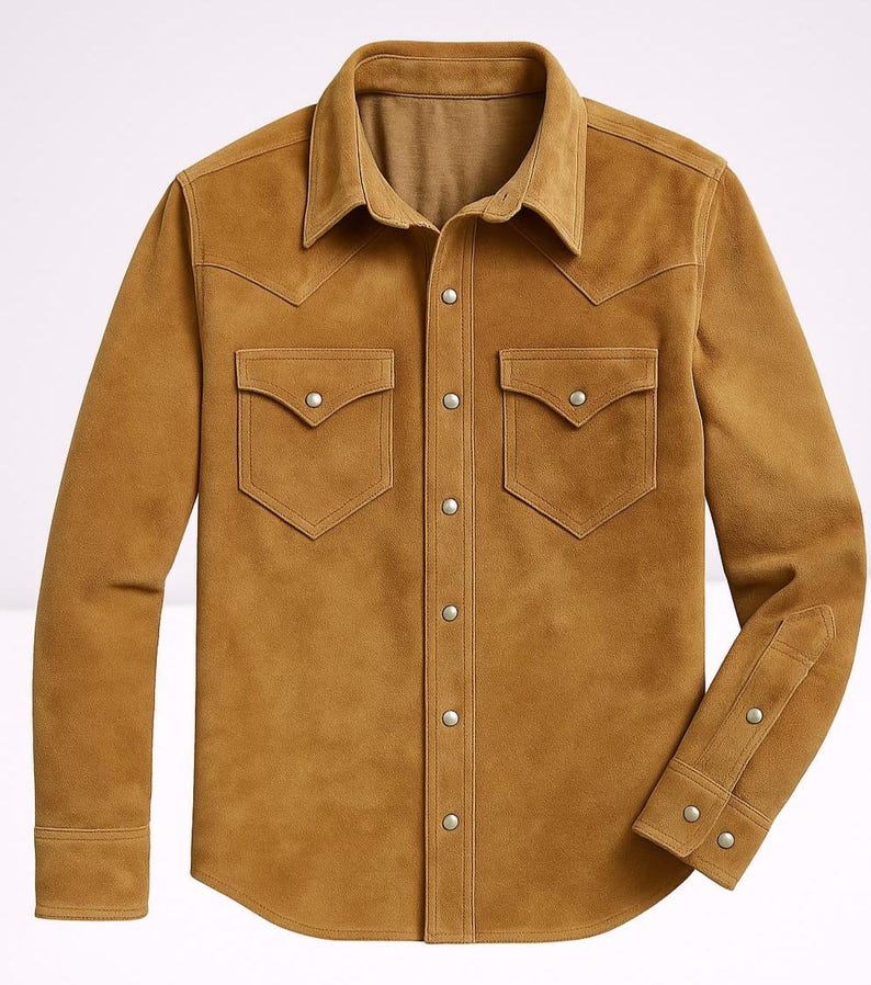 Men's TAN Suede Shirt | Suede TRUCKER Jacket For Mens | Suede Leather Western COWBOY Trucker Shirt | Denim Style Suede Shirt Fr Men - Tan image 1