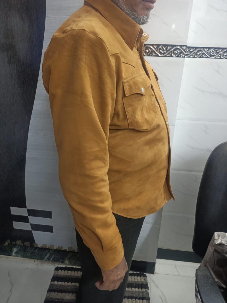 Men's TAN Suede Shirt | Suede TRUCKER Jacket For Mens | Suede Leather Western COWBOY Trucker Shirt | Denim Style Suede Shirt Fr Men - Tan image 5