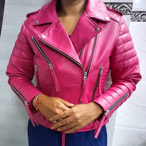 Pink leather biker jacket hotsell