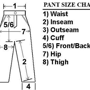 May include: A diagram showing the measurements for a pair of pants. The measurements include waist, inseam, outseam, cuff, front/back rise, hip, and thigh.