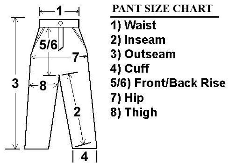 May include: A diagram showing the measurements for a pair of pants. The measurements include waist, inseam, outseam, cuff, front/back rise, hip, and thigh.