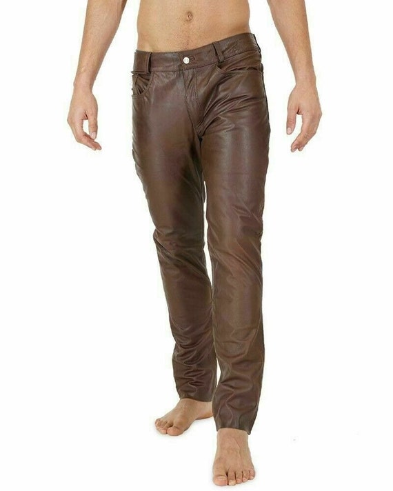 Noorani Mens BROWN Leather PANT | Genuine Lambskin Leather Slim Fit Jeans RIDER Biker Men Trouser Pant With 5 Pockets | Leather Pant - Brown