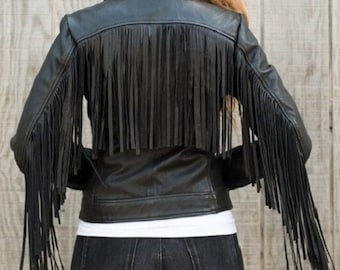 Charcoal BLACK FRINGE LEATHER Jacket, American Western Cowgirl Fringe Style Tassel Leather Jacket, Moto Trim Fringed Jacket, Festival Jacket