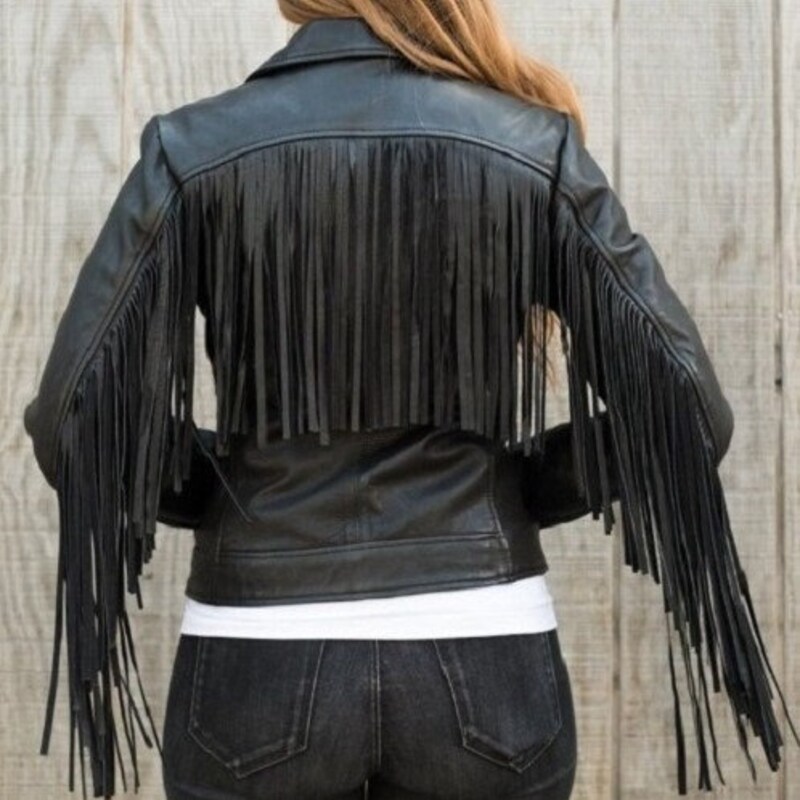 Fringe-Trim Wrap Jacket with Desert Landscape Motif - Black main image 1