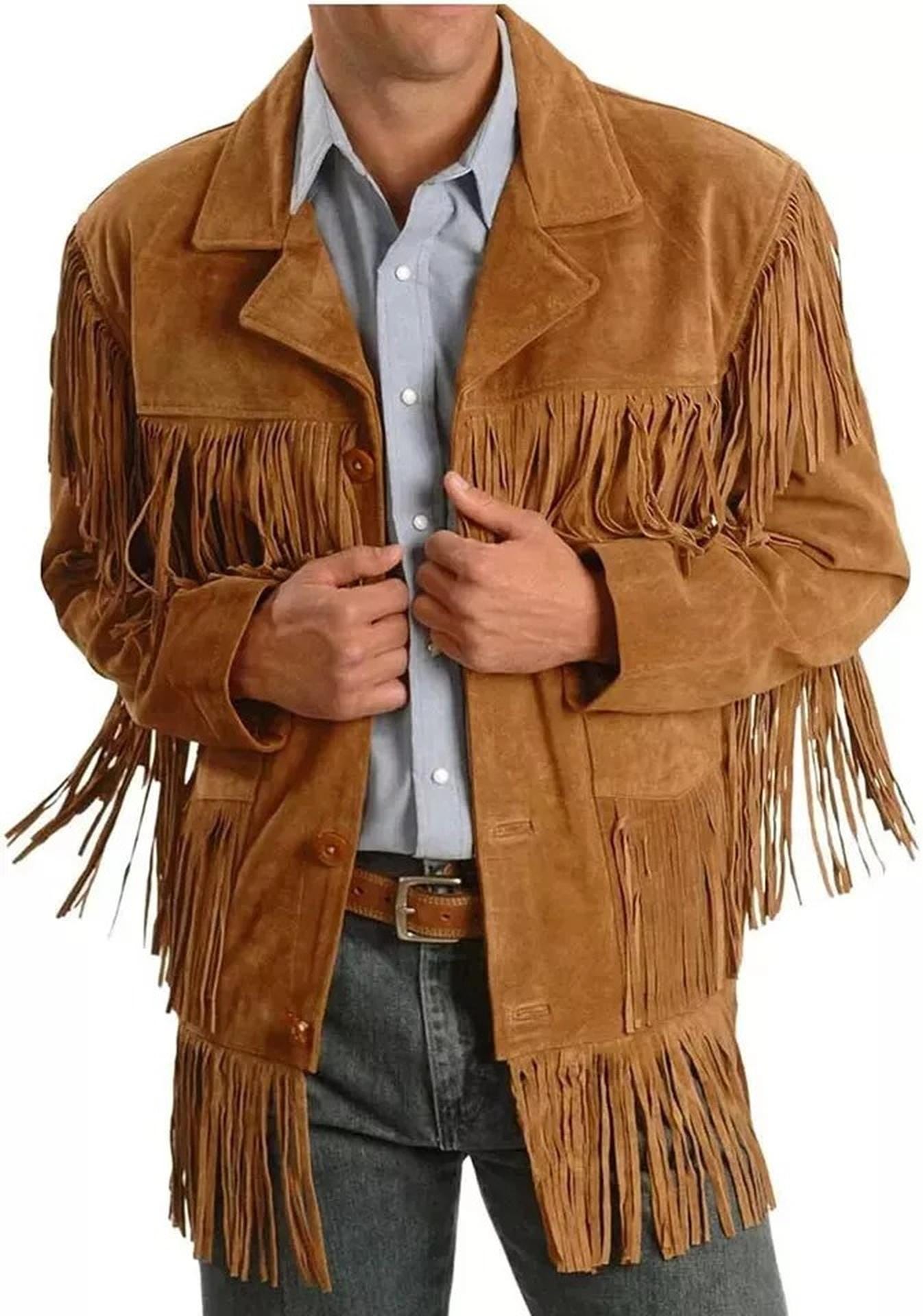 Fringe SUEDE Leather TASSEL Jacket, BROWN Men's Western