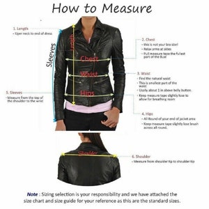 May include: Diagram showing how to measure different parts of a jacket, including length, chest, waist, hips, sleeves, and shoulder. The diagram includes a woman wearing a black leather jacket.