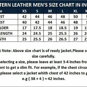 May include: A size chart for men's leather jackets in inches. The chart shows the measurements for chest, waist, shoulder, sleeve length, and length in inches for sizes XS to XXXL.