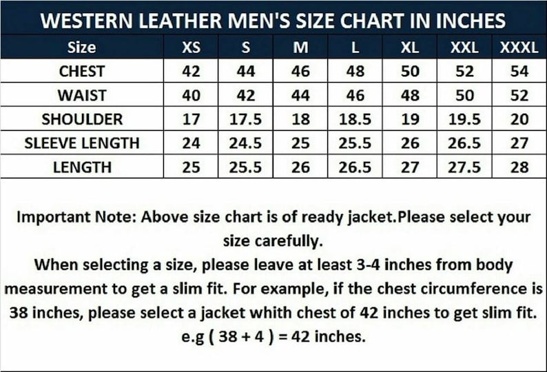 May include: A size chart for men's leather jackets in inches. The chart shows the measurements for chest, waist, shoulder, sleeve length, and length in inches for sizes XS to XXXL.