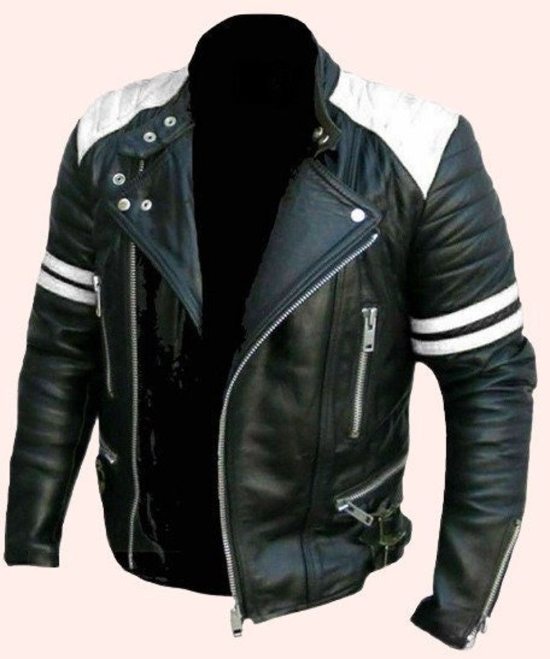 May include: Black leather motorcycle jacket with white stripes on the sleeves and shoulders. The jacket has a zipper closure and multiple pockets.