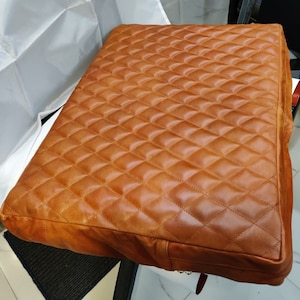 Noorani Lambskin Real Leather Cushion Seat Cover TAN Brown, RECTANGLE Leather Floor QUILTED Seat Cover, Lumber Cover For Dog Bed Accessories
