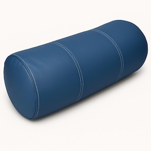 May include: A blue cylindrical pillow with white stitching. The pillow is made of a soft, textured fabric.