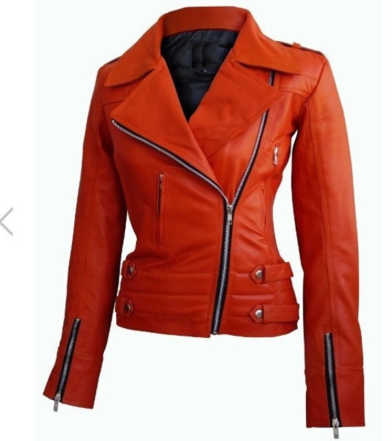 Noorani Women's Lambskin Orange Leather Jacket Stylish - Etsy