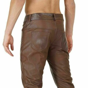 May include: Brown leather pants with a slim fit. The pants have a five-pocket design and a zipper fly.