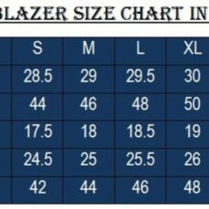 May include: A blue chart with a white border showing men's blazer sizes in inches. The chart lists sizes from XS to 3XL and includes measurements for length, chest, shoulder, sleeves, and waist.