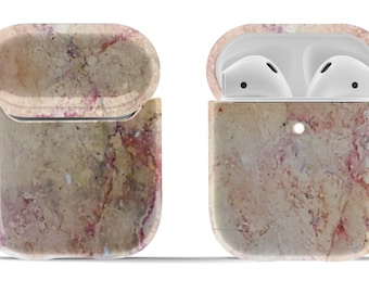 Peach Paris Marbled Stone on Airpods Case | Hard Cover for Original or Pro | Modern Vintage Accessory | Circle Keyring Included
