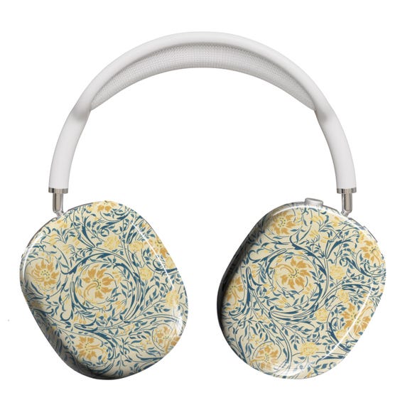 Airpods Maxカバーに花柄の柔らかい金色と青の渦巻き模様の花のつる