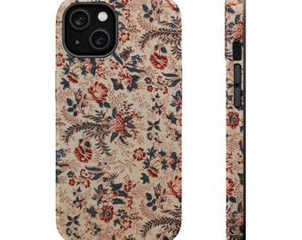 Zoete bloemenprint, rode bloemen, blauwgroen gebladerte op MagSafe stoere iPhone-hoesjes 12, 13, 14, 15, 16, 17 (Mini, Pro, Pro Max, Plus, Air)