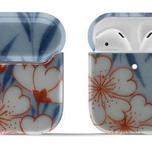 Cute Japanese Blue and White Flower Airpods Case Cover | Modern Vintage Accessory | Circle Keyring Included
