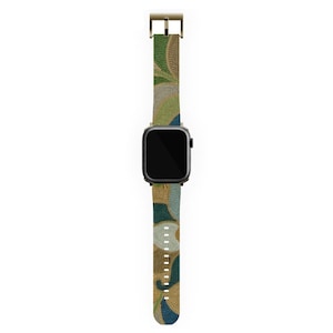 Puede incluir: Un Apple Watch dorado y negro con una banda estampada en verde, azul y dorado.