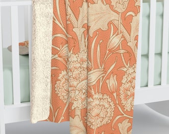 Bohemian Creamy Orange Sherpa Fleece Blanket, Vintage Flower Pattern | Comfy Boho Decor, 2 Sizes: 50" x 60" or, 60" x 80"