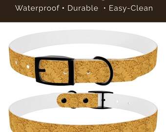 Collare per cani con motivo floreale dorato, stampa botanica di ispirazione vintage in calde tonalità gialle, accessorio per animali domestici resistente e impermeabile, 3 opzioni di fibbia