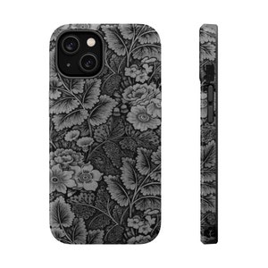 Black and White Flower Garden | Vintage Art on MagSafe Tough iPhone Case for iPhones 12, 13, 14, 15, 16 (Mini, Pro, Pro Max, and Plus)