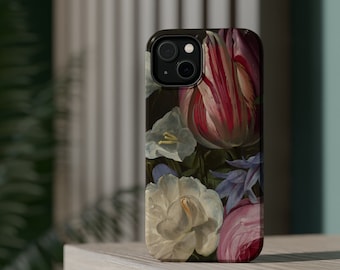 Peppermint Tulip Flower Bouquet Antique Painting on MagSafe Tough iPhone Case for iPhones 12, 13, 14, 15, 16  (Mini, Pro, Pro Max, and Plus)