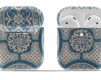 Geometric Turquoise Blue + White Textile Printed on Airpods Case Cover | Modern Vintage Accessory | Circle Keyring Included