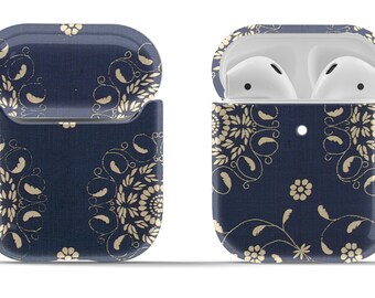 Night Sky Abstract Navy Blue + White Moon Flowers Textile Pattern on Airpods Case Cover | Modern Vintage Accessory | Circle Keyring Included