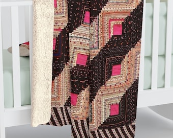 Hot Pink and Black Modern Vintage Quilt Pattern on Sherpa Fleece Throw Blanket, Boho Decor and Super Comfy, 2 Sizes: 50"60" or, 60"x80"