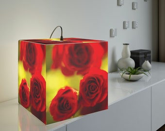 Fluorescent red rose lamp, contemporary floral photography on cube lamp, perfect for accent decor, available in 2 sizes