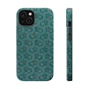 Teal Botanical Vintage Floral Pattern MagSafe Tough iPhone Case for iPhones 12, 13, 14, 15, 16 (Mini, Pro, Pro Max, and Plus)