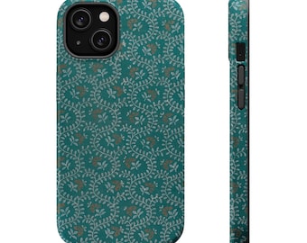 Blauwgroen botanisch vintage bloemenpatroon MagSafe stoer iPhone-hoesje voor iPhones 12, 13, 14, 15, 16, 17 (Mini, Pro, Pro Max, Plus, Air)