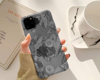 Black and White Morning Glory Vine Floral Art on MagSafe Tough iPhone Case for iPhones 13, 14 + 15 (Mini, Pro, Pro Max, and Plus)