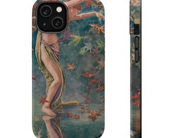 Water Goddess Reflection with Fall Leaves |Turquoise Blue MagSafe Tough iPhone Case : 12, 13, 14, 15, 16, 17 (Mini, Pro, Pro Max, Plus, Air)