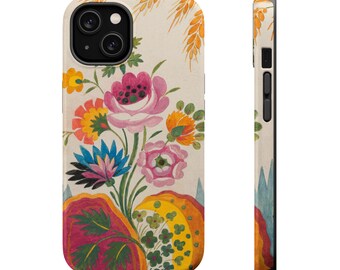 Bright Folk Art MagSafe Phone Case, Vintage Inspired Colorful Flowers, Cream iPhone 12, 13, 14, 15, 16, 17 (Mini, Pro, Pro Max,Plus, Air)