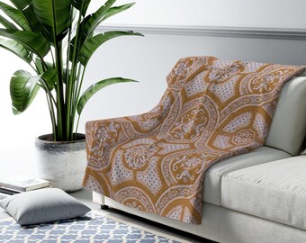 Vintage Italian Pattern on Super Comfy Boho Sherpa Fleece Blanket, Gold Mustard and Lavender Pink Hues, 2 Sizes: 50"x60", or 60"x80",