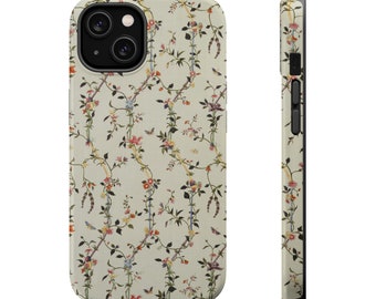 Delicate Wildflowers, Antique Chinese Art Climbing Vines on MagSafe Tough iPhone Case for iPhones 13, 14 + 15 (Mini, Pro, Pro Max, and Plus)