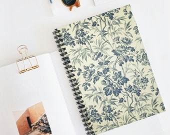 Cuaderno botánico azul y crema, imagen vintage en un diario forrado de reglas en espiral, artículo de oficina para amantes del arte, decoración de oficina costera, minimalista