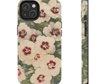 May include: A phone case with a floral design featuring white flowers with red centers on a green background.